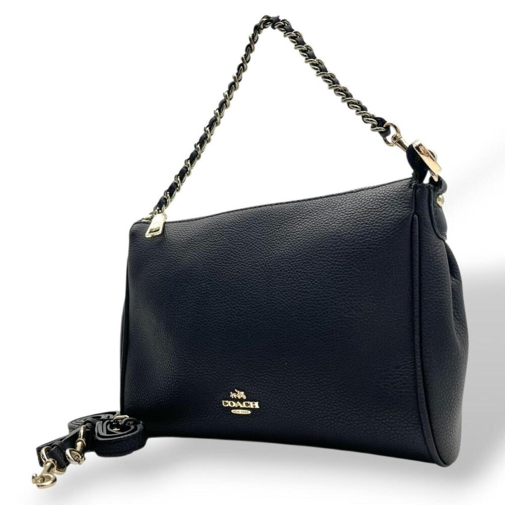 COACH Shoulder Bag, Pebbled Leather, Black, F22215, Chain, Gold Hardware, Cro...